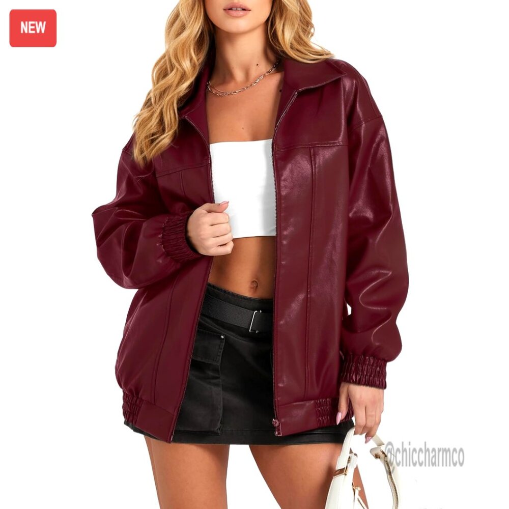 Plus Size Faux Leather Motorcycle Jacket Oversized Fit Distressed Details
